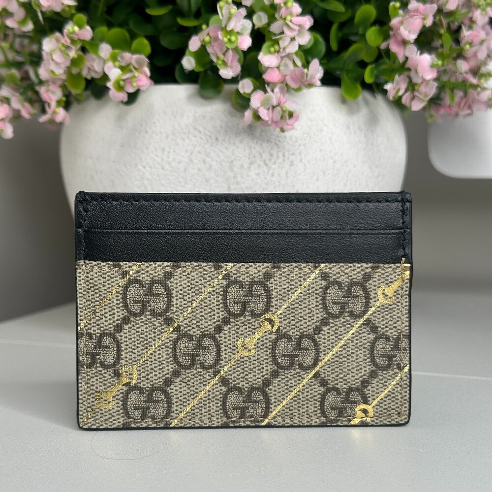 Gucci GG Supreme Canvas Card Holder with Gold Horsebit Print Authentic